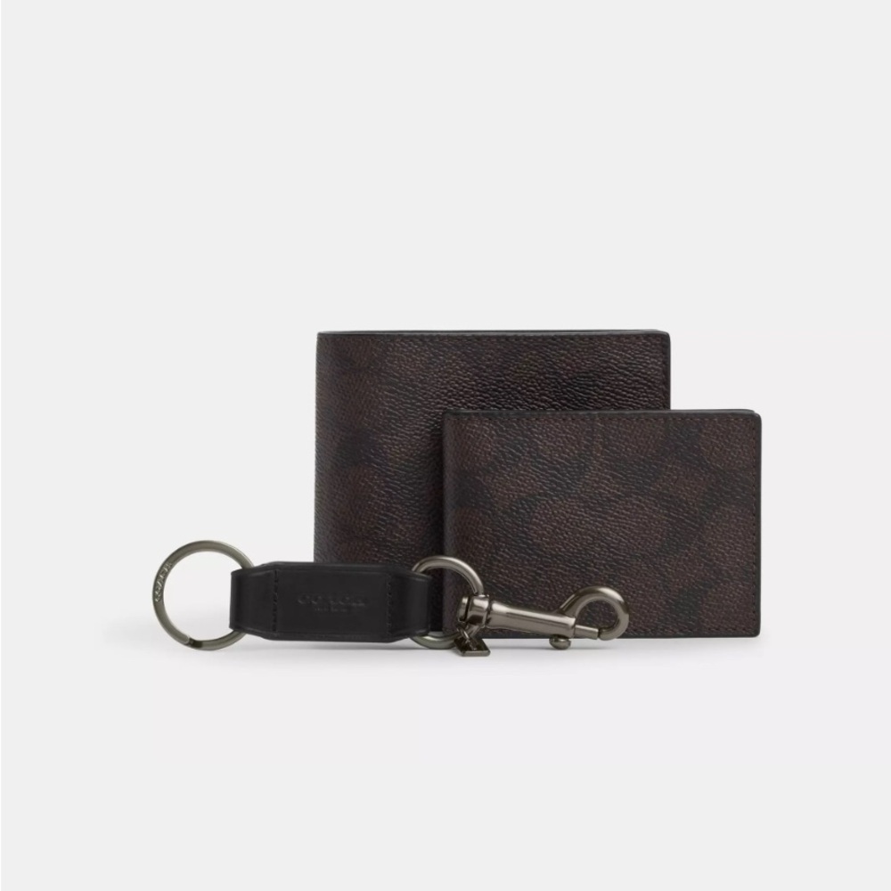 Coach Signature 3-in-1 Wallet Gift Set | Bifold, ID, Keychain key fob NWT Brown - Picture 5 of 8